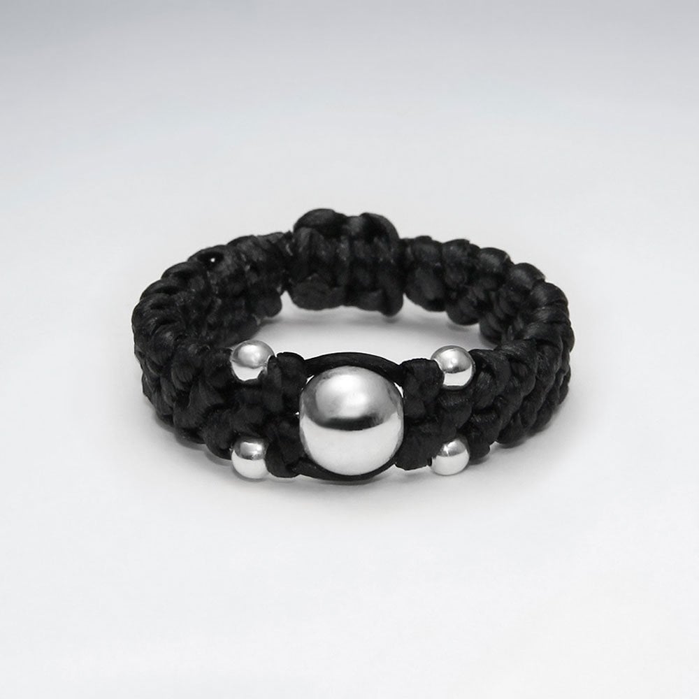 Brown Waxed Cotton Ring with Silver Ball
