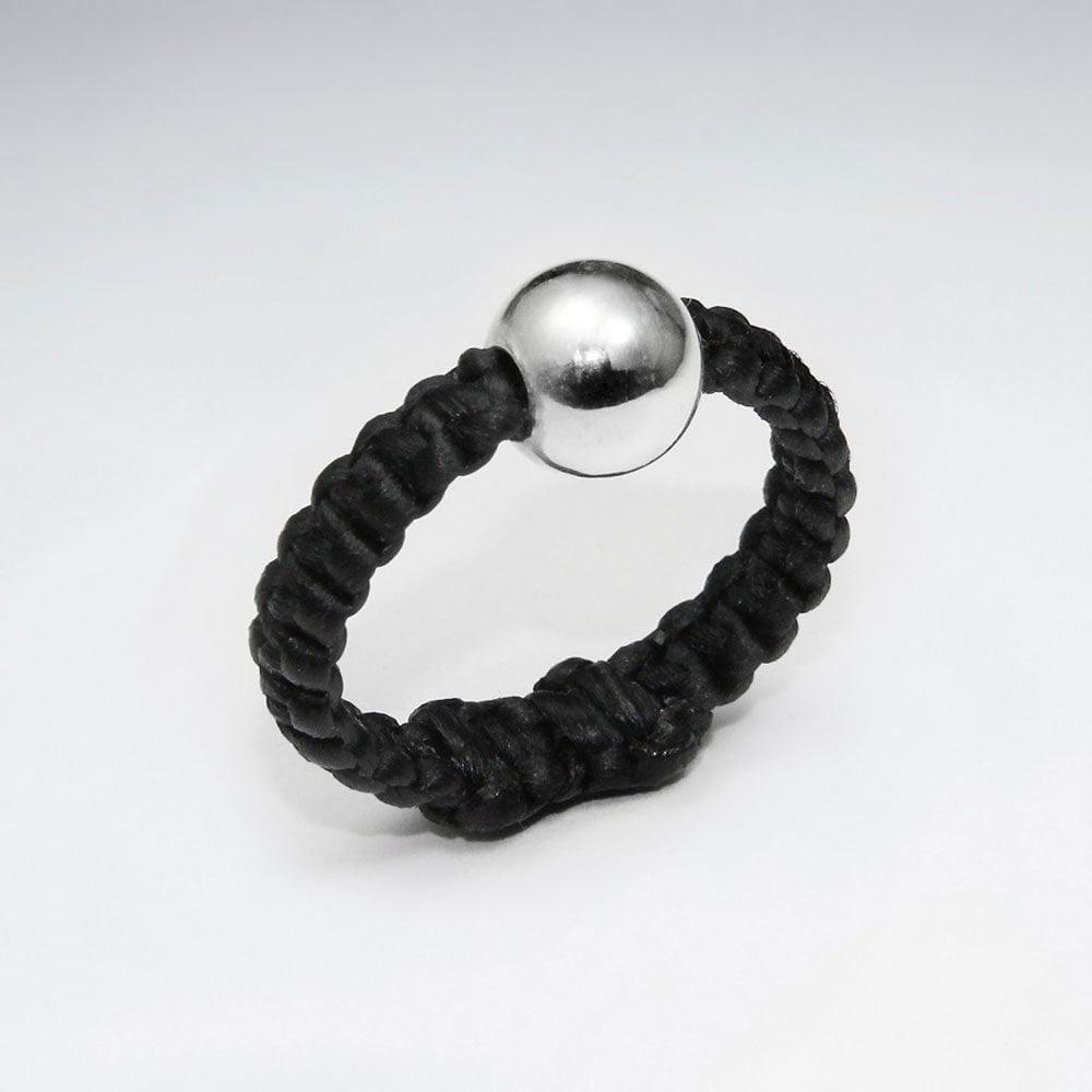 Silver Braided Waxed Cotton Solitaire Ball Ring