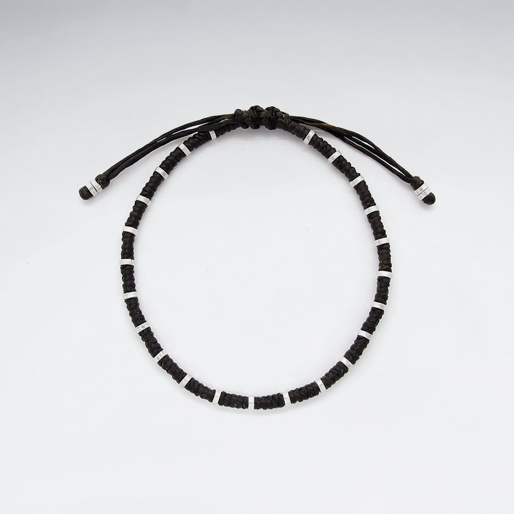 Waxed Cotton Braided Adjustable Silver Studded Bead Bracelet