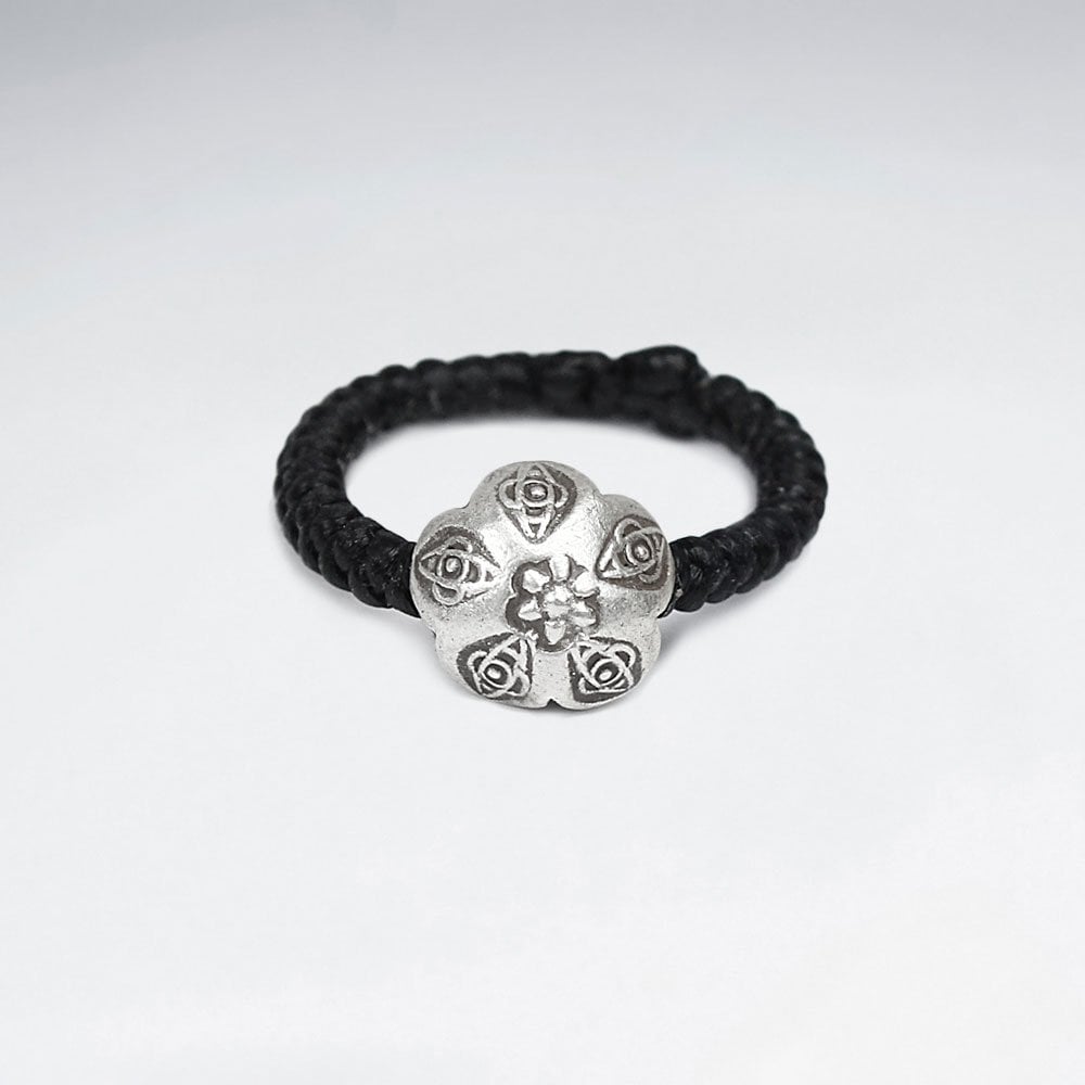 Black Waxed Cotton Ring with Silver Charm