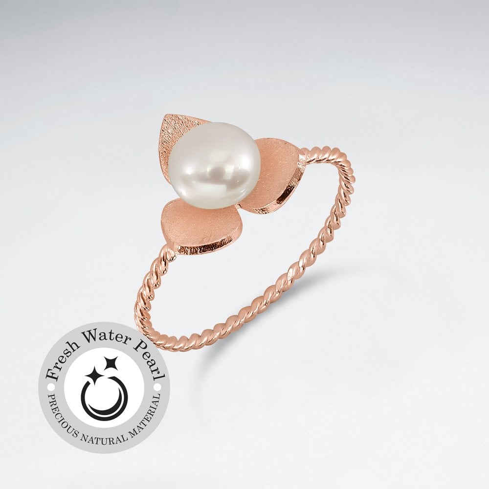 Sterling Silver White Pearl Flower Twist Ring
