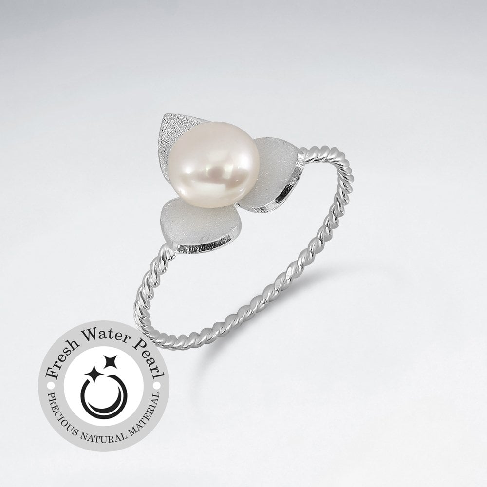 Sterling Silver White Pearl Flower Twist Ring