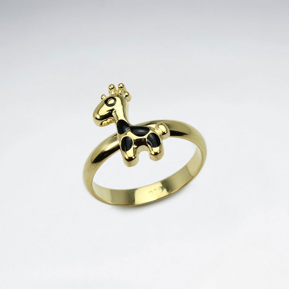 Petite Silver Giraffe Black Enamel Ring
