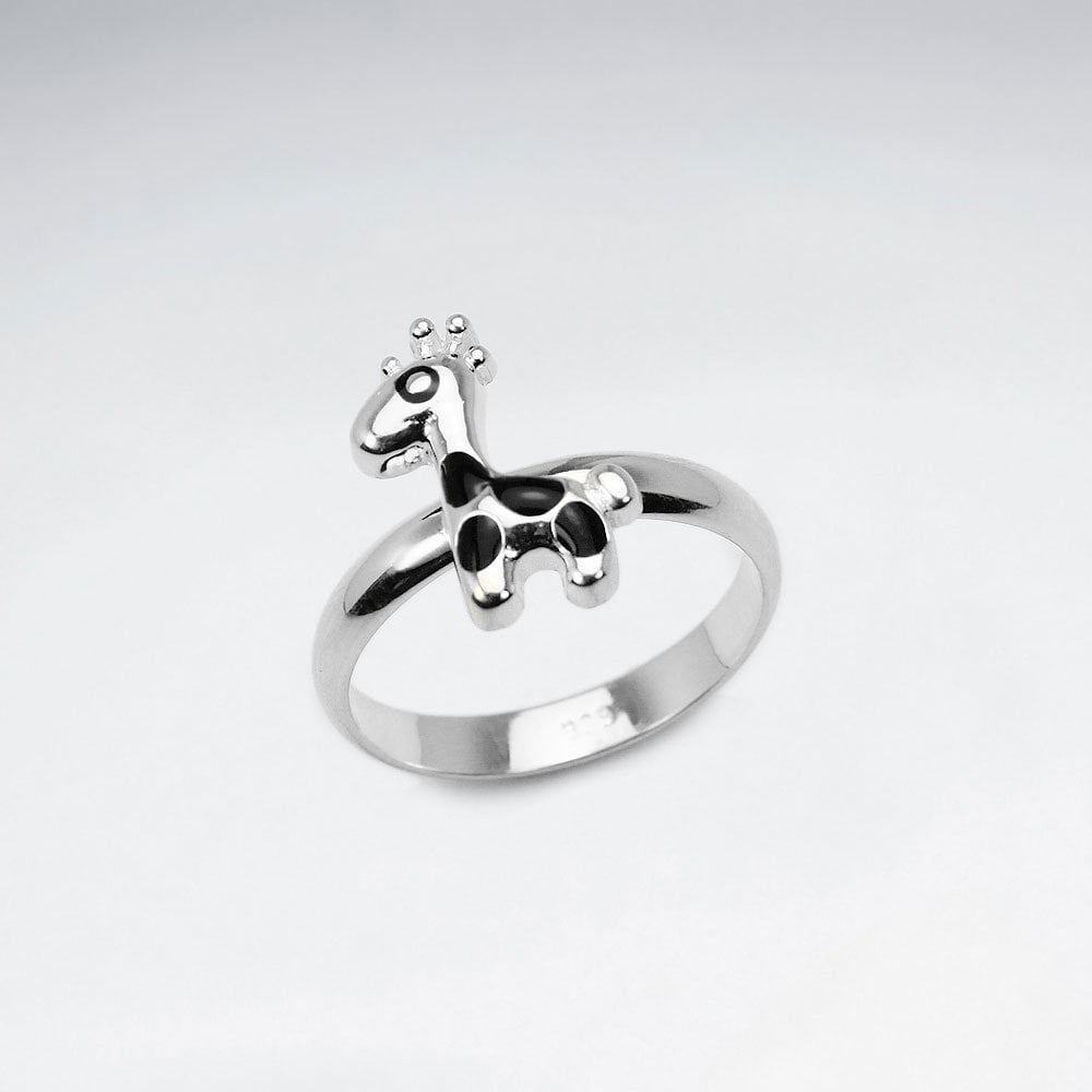Petite Silver Giraffe Black Enamel Ring