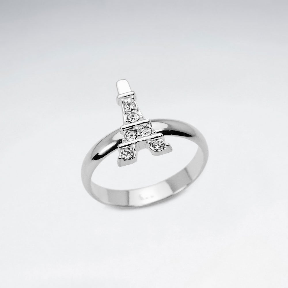 Sterling Silver Eiffel Tower With Crystal Ring
