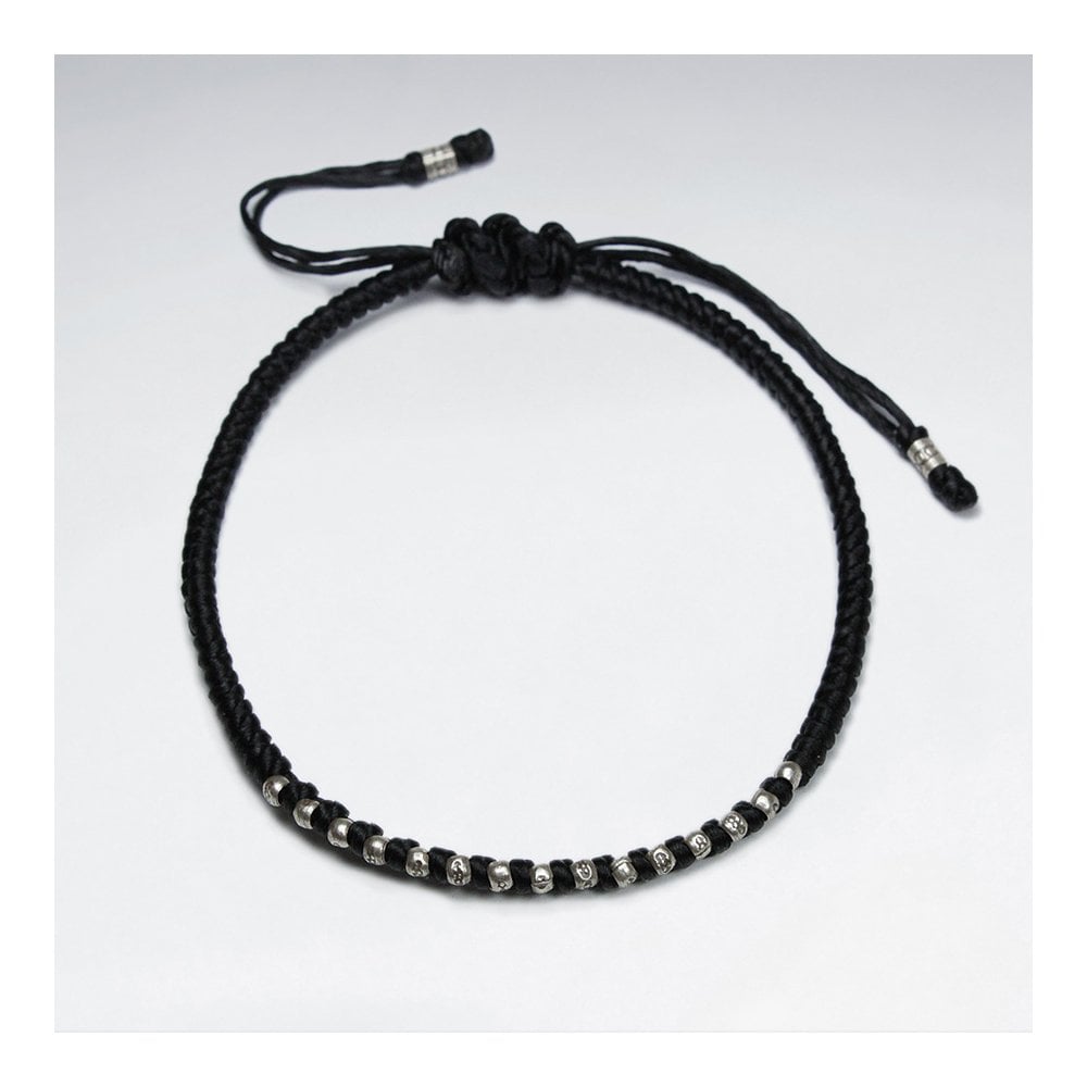 7" Adjustable Black Macrame Waxed Cotton Bracelet With Antique Hand Made Silver Beads