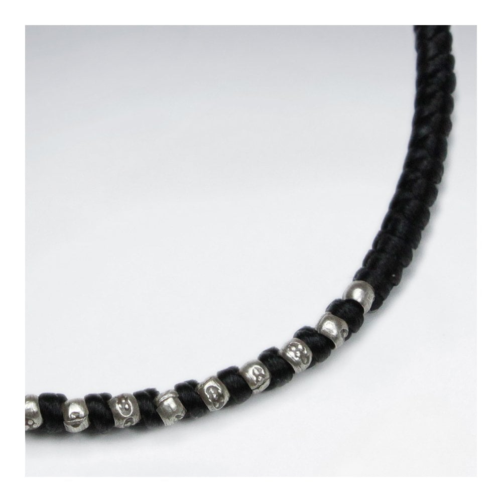 7" Adjustable Black Macrame Waxed Cotton Bracelet With Antique Hand Made Silver Beads