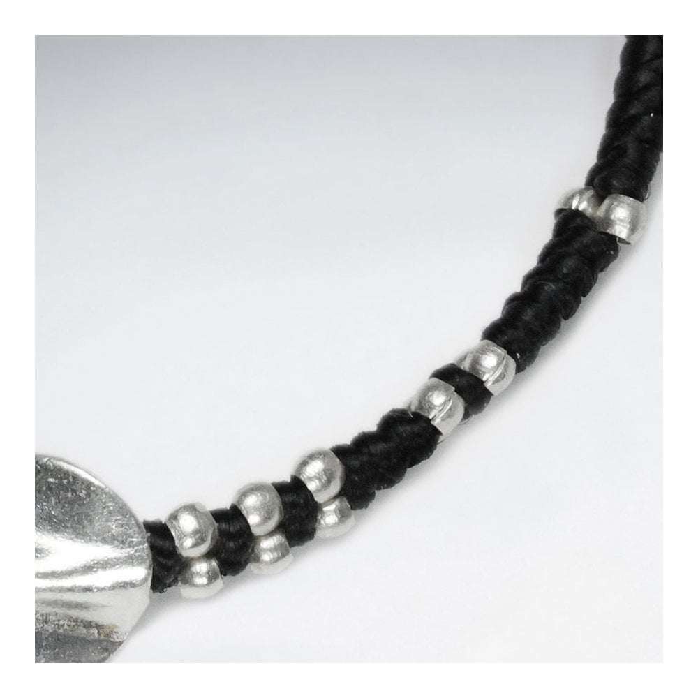 7" Adjustable Black Macrame Waxed Cotton Bracelet With Antique Hand Made Silver Twisted Rounf Beads