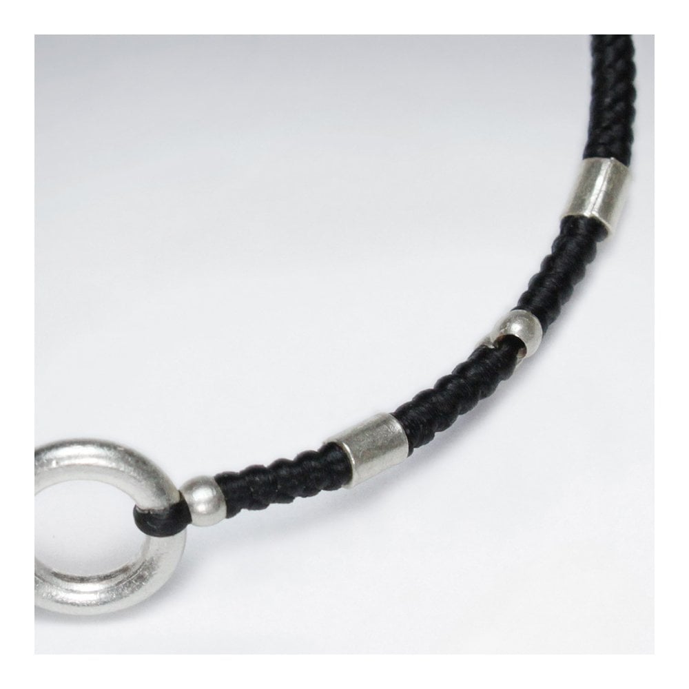 7" Adjustable Black Macrame Waxed Cotton Bracelet With Antique Hand Made SilverOpen Circle Beads