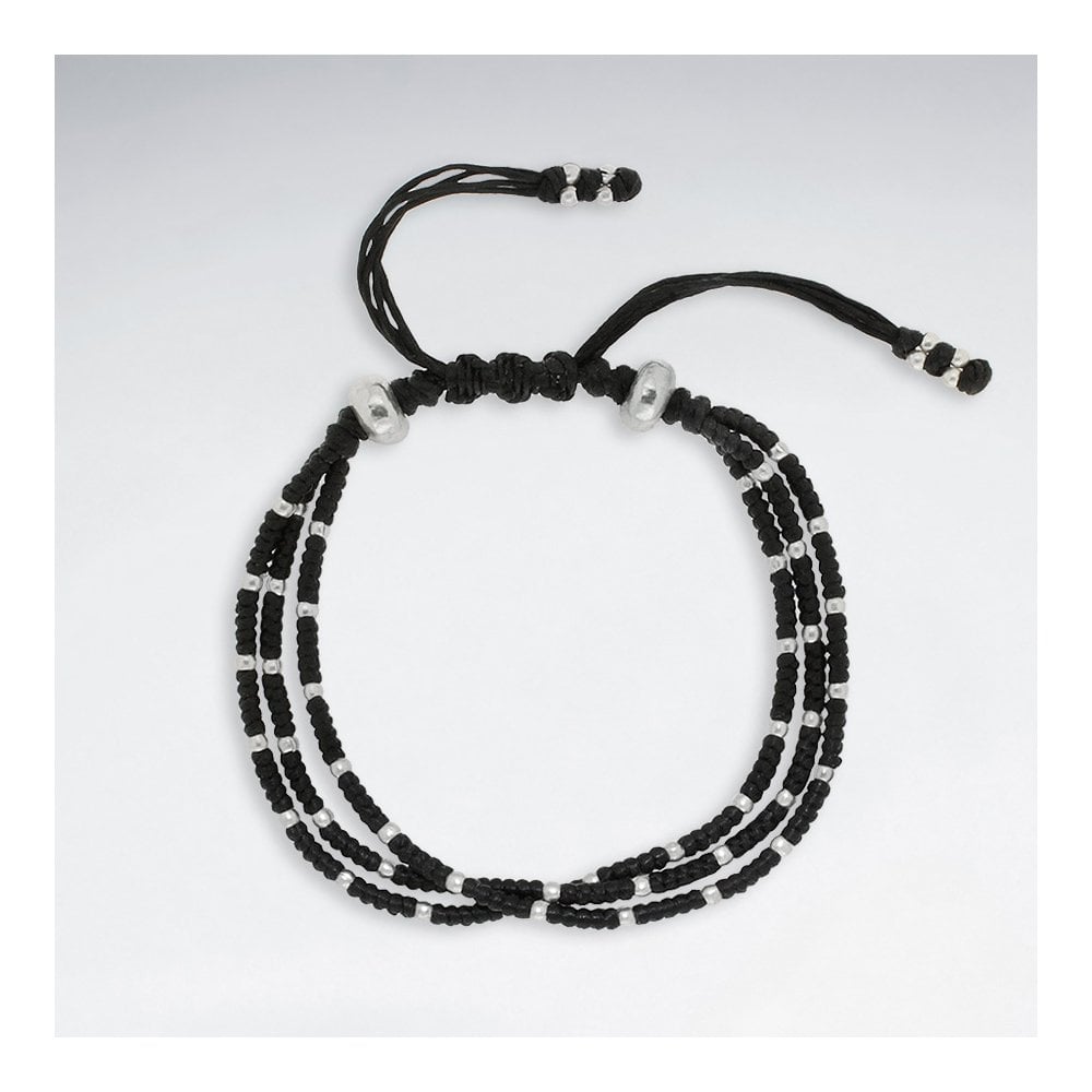 7" Adjustable Triple Strands Black Macrame Waxed Cotton Bracelet With Antique Handmade Silver Tube
