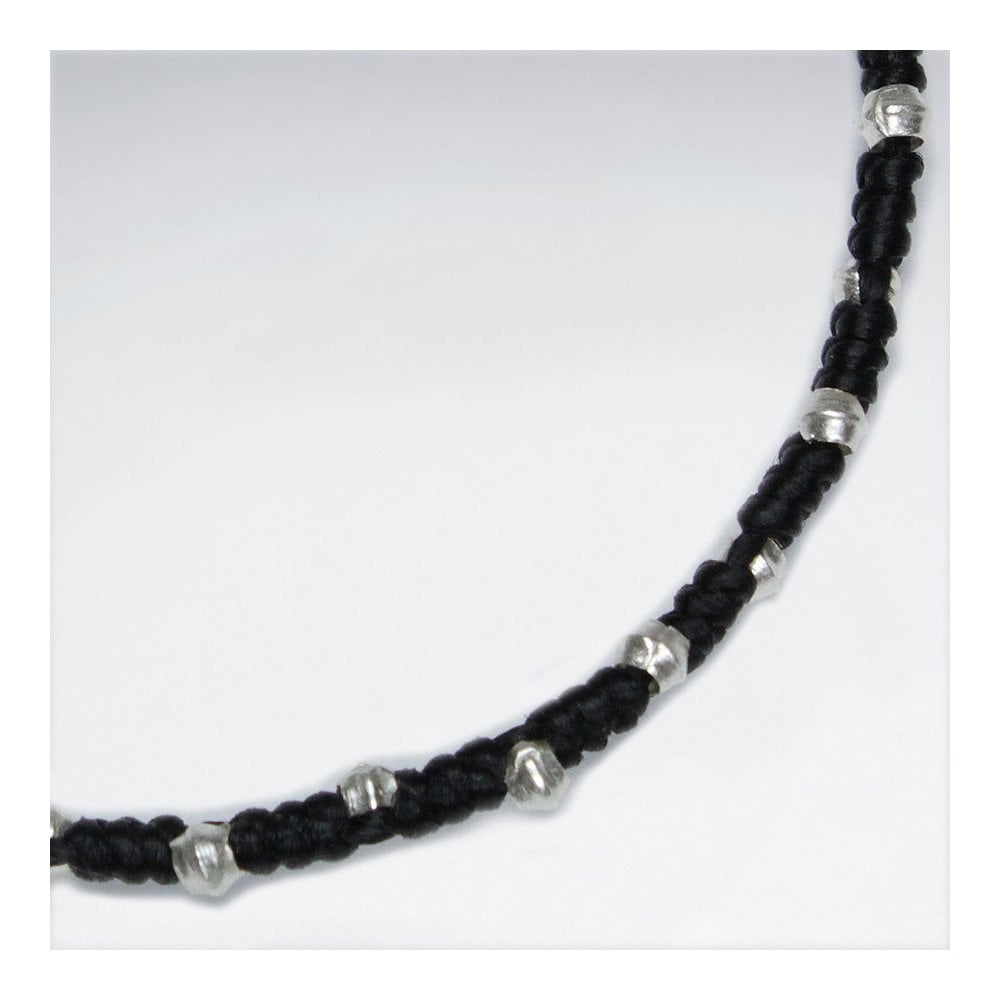 7" Adjustable Black Macrame Waxed Cotton Bracelet With Antique Handmade Silver Beads