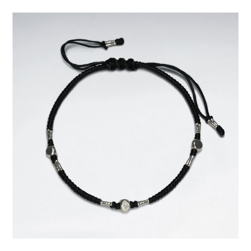 7" Adjustable Black Macrame Waxed Cotton Bracelet With Antique Handmade Silver Beads