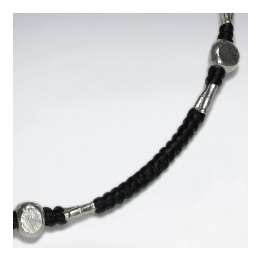 7" Adjustable Black Macrame Waxed Cotton Bracelet With Antique Handmade Silver Beads