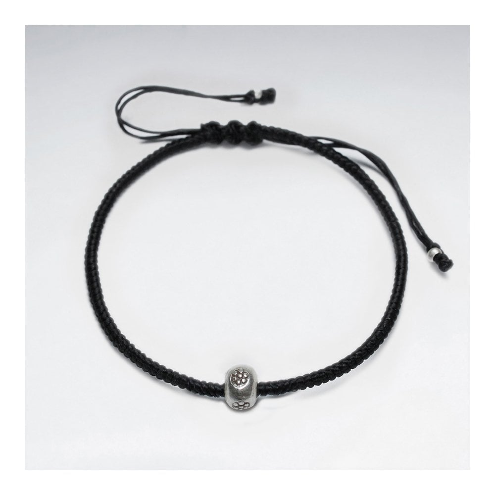 7" Adjustable Black Macrame Waxed Cotton Bracelet With Antique Handmade Silver Round Beads