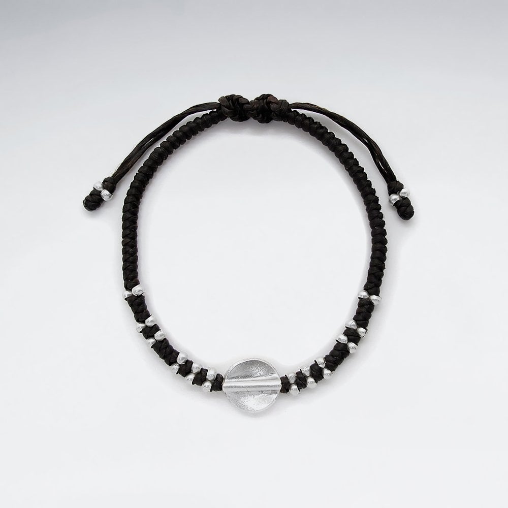 7" Adjustable Black Macrame Waxed Cotton Bracelet With Antique Hand Made Silver Twisted Rounf Beads