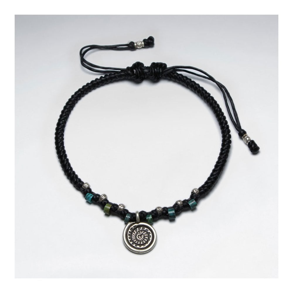 7" Adjustable Black Macrame Waxed Cotton Bracelet With Antique Hand Made Spiral Silver Charm