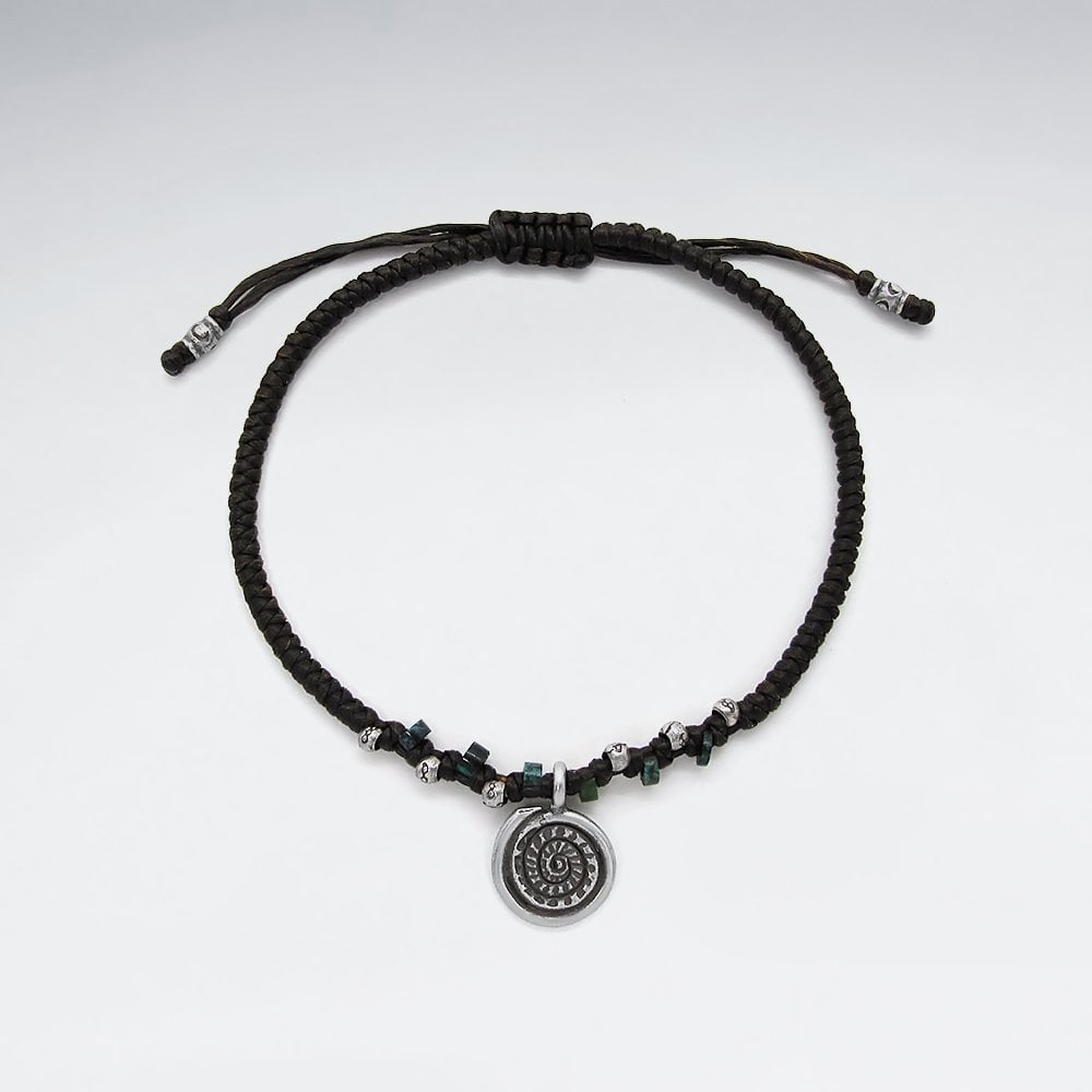 7" Adjustable Black Macrame Waxed Cotton Bracelet With Antique Hand Made Spiral Silver Charm