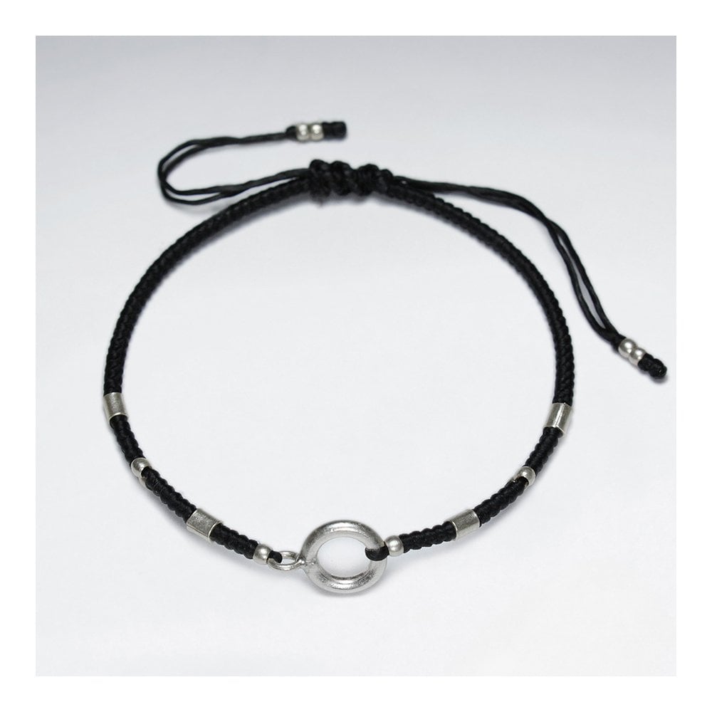 7" Adjustable Black Macrame Waxed Cotton Bracelet With Antique Hand Made SilverOpen Circle Beads