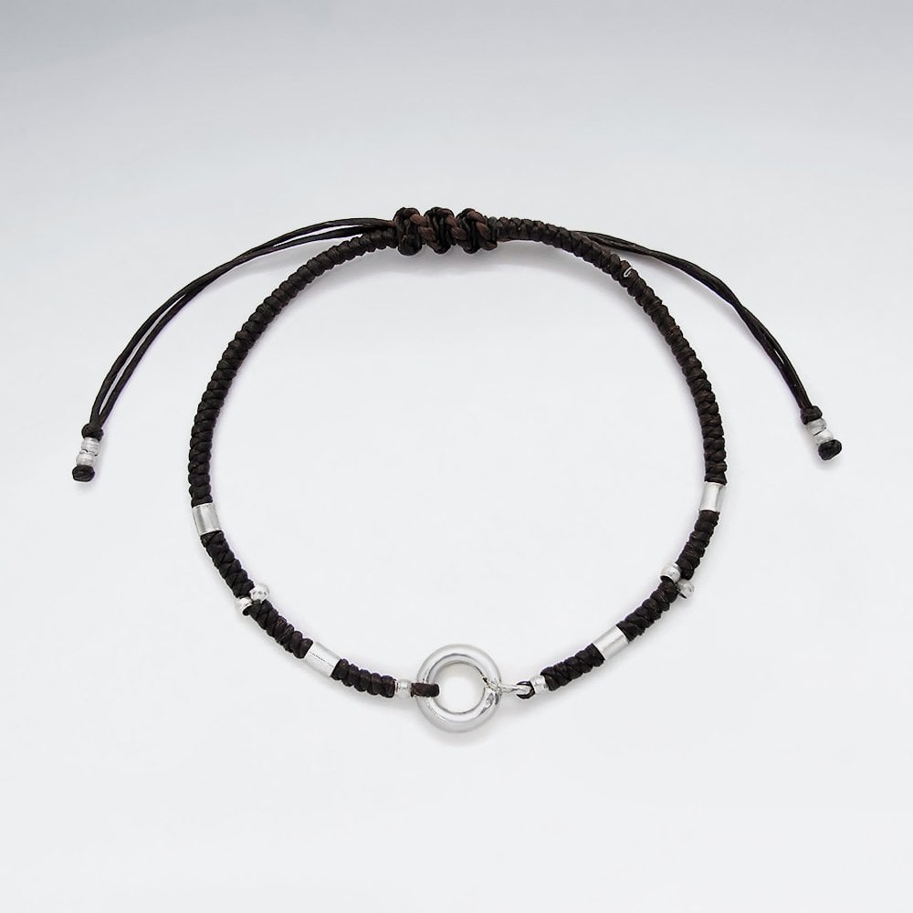 7" Adjustable Black Macrame Waxed Cotton Bracelet With Antique Hand Made SilverOpen Circle Beads