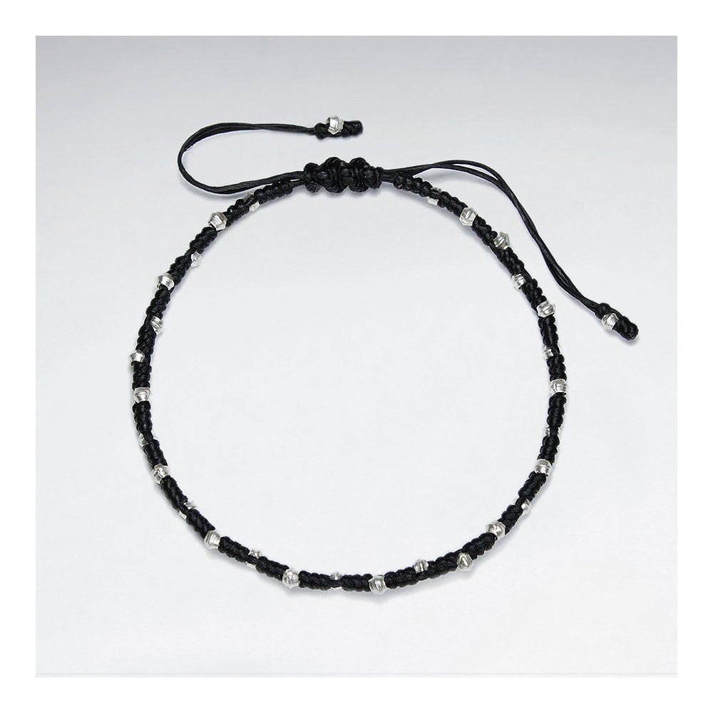 7" Adjustable Black Macrame Waxed Cotton Bracelet With Antique Handmade Silver Beads
