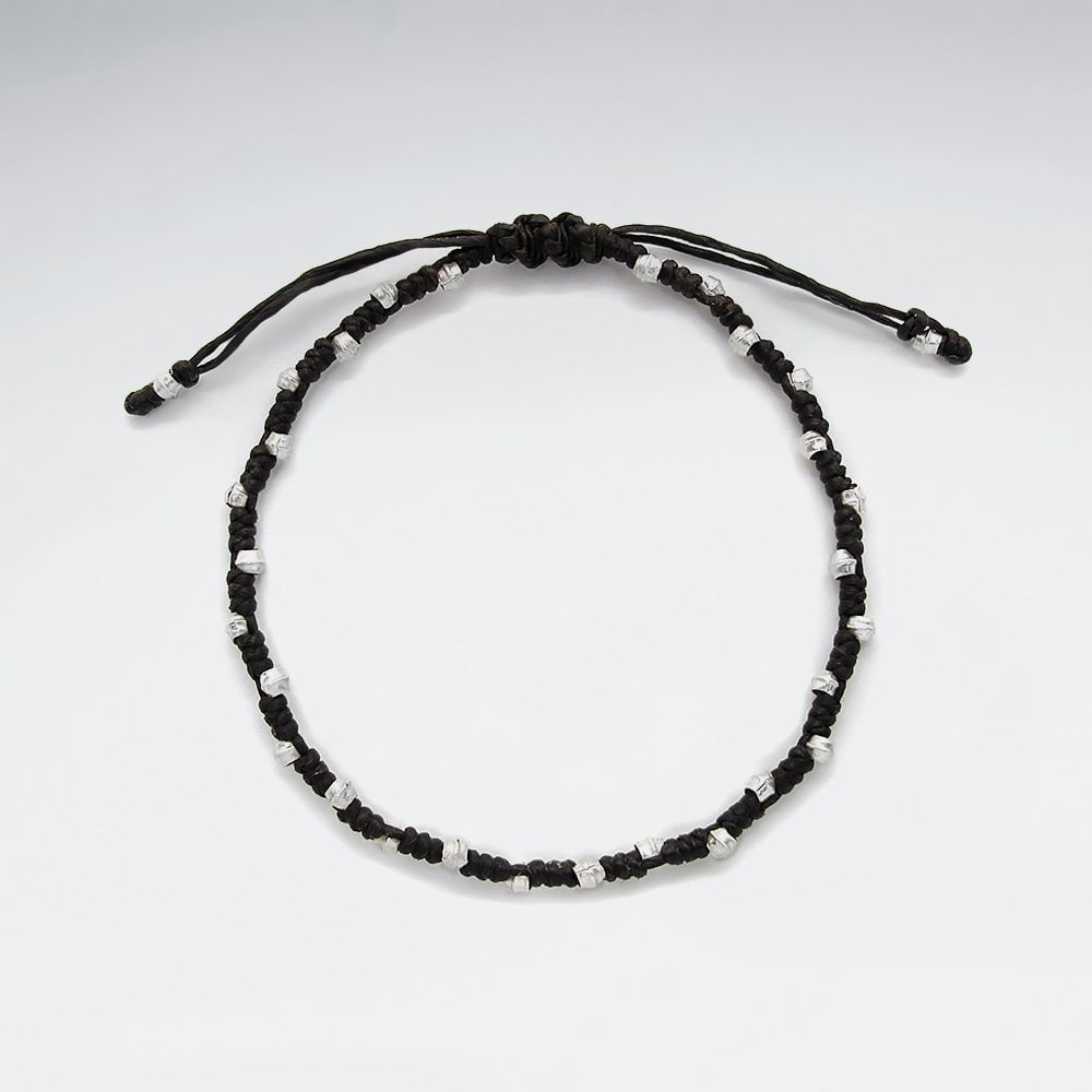 7" Adjustable Black Macrame Waxed Cotton Bracelet With Antique Handmade Silver Beads