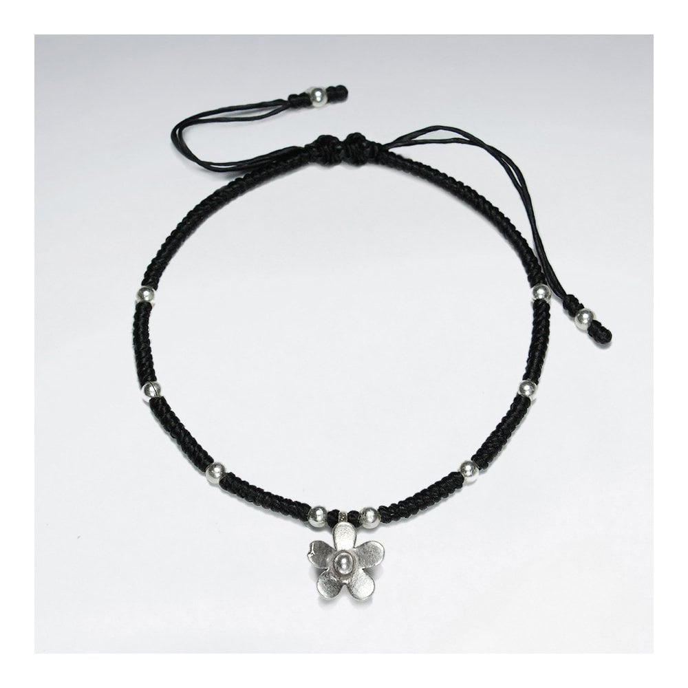 7" Adjustable Black Macrame Waxed Cotton Bracelet With Antique Handmade Silver Flower Charm