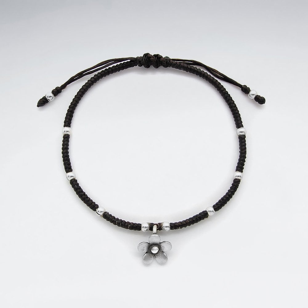 7" Adjustable Black Macrame Waxed Cotton Bracelet With Antique Handmade Silver Flower Charm