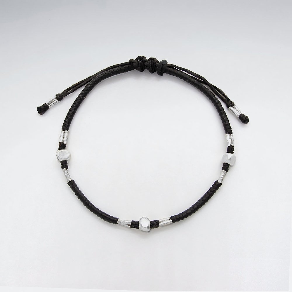 7" Adjustable Black Macrame Waxed Cotton Bracelet With Antique Handmade Silver Beads