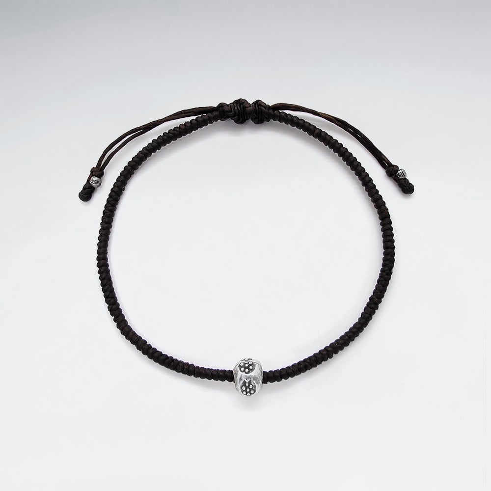 7" Adjustable Black Macrame Waxed Cotton Bracelet With Antique Handmade Silver Round Beads