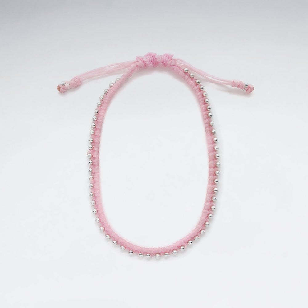 7" Adjustable Macrame Waxed Cotton Bracelet With Antique Handmade Silver Beads