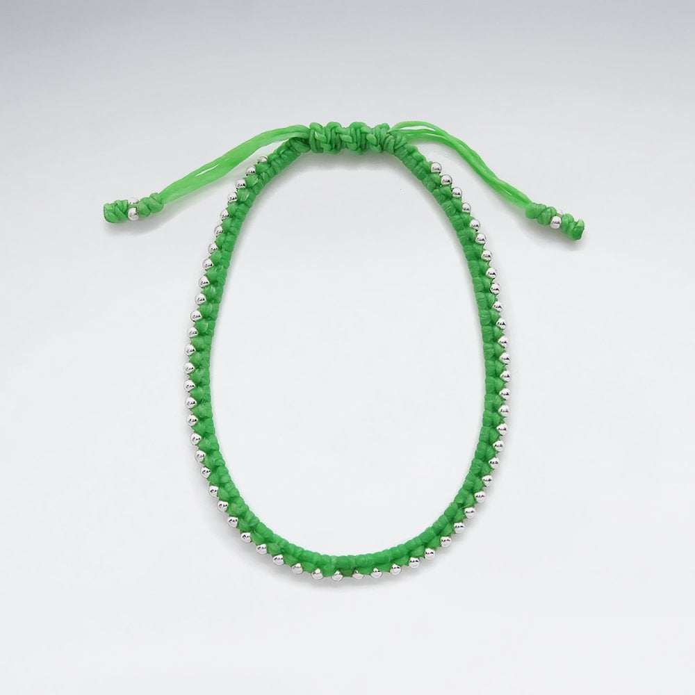 7" Adjustable Macrame Waxed Cotton Bracelet With Antique Handmade Silver Beads