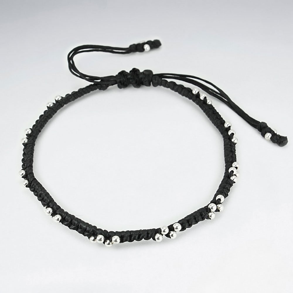 Black Waxed Cotton Silver Studded Tie Bracelet