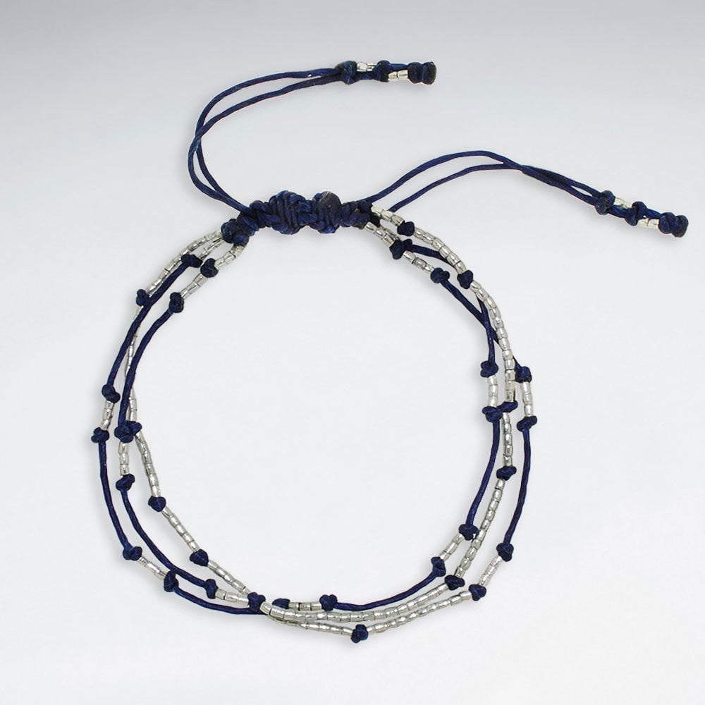 7" Adjustable Blue Macrame Waxed Cotton Bracelet With Antique Handmade SilverBeads