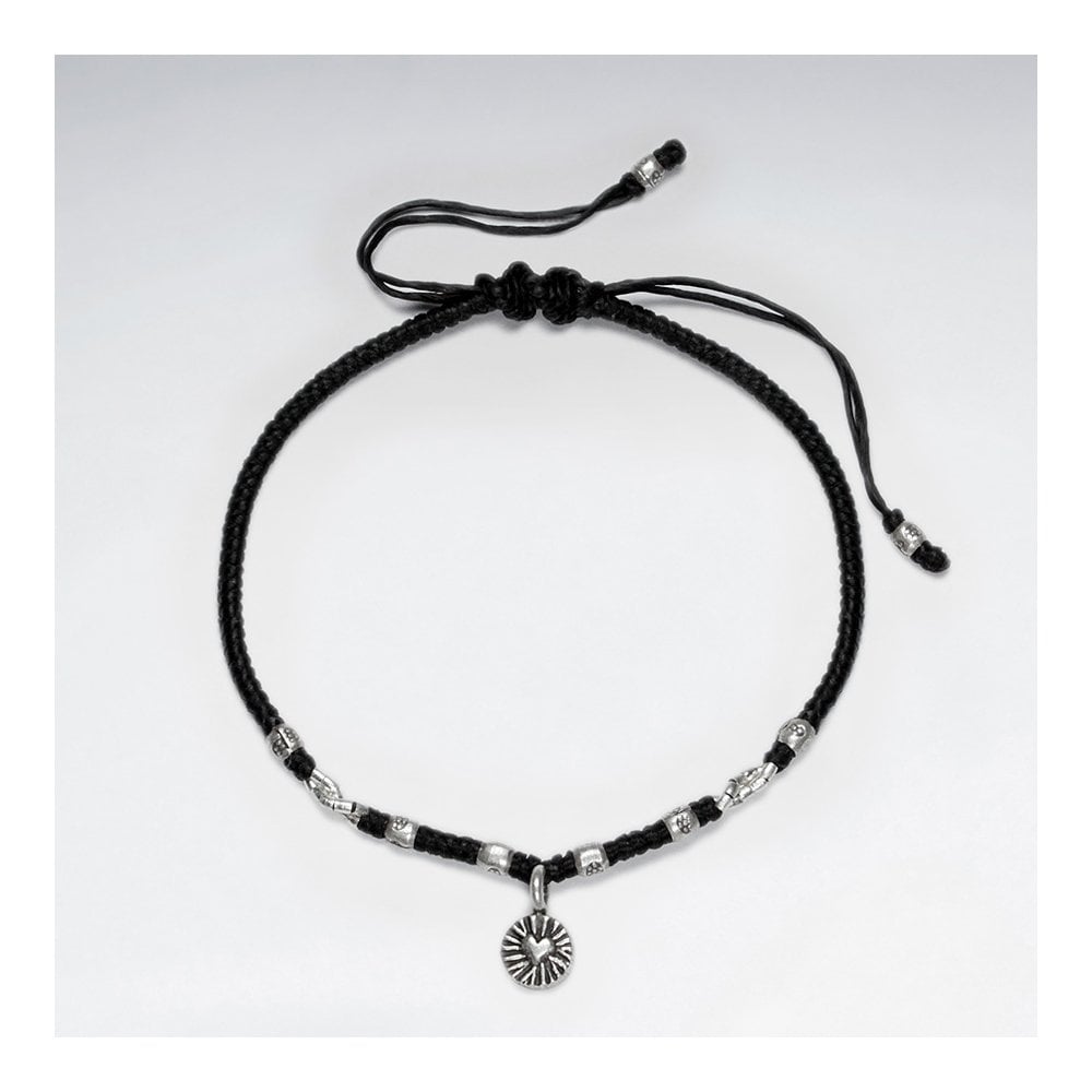 7" Adjustable Brown Macrame Waxed Cotton Bracelet With Antique Handmade Silver Heart Charm