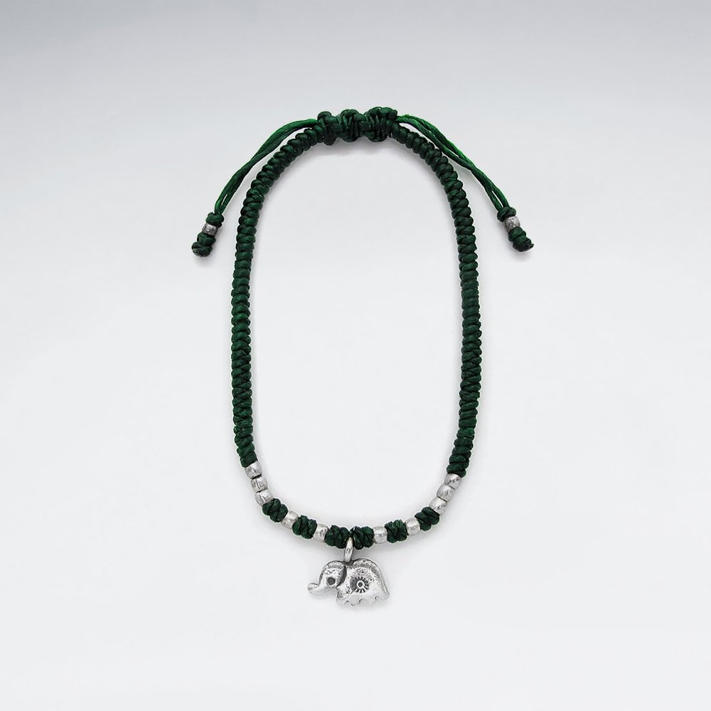 7"  Adjustable Black Macrame Waxed Cotton Bracelet With Antique Handmade Silver Elephant Charm