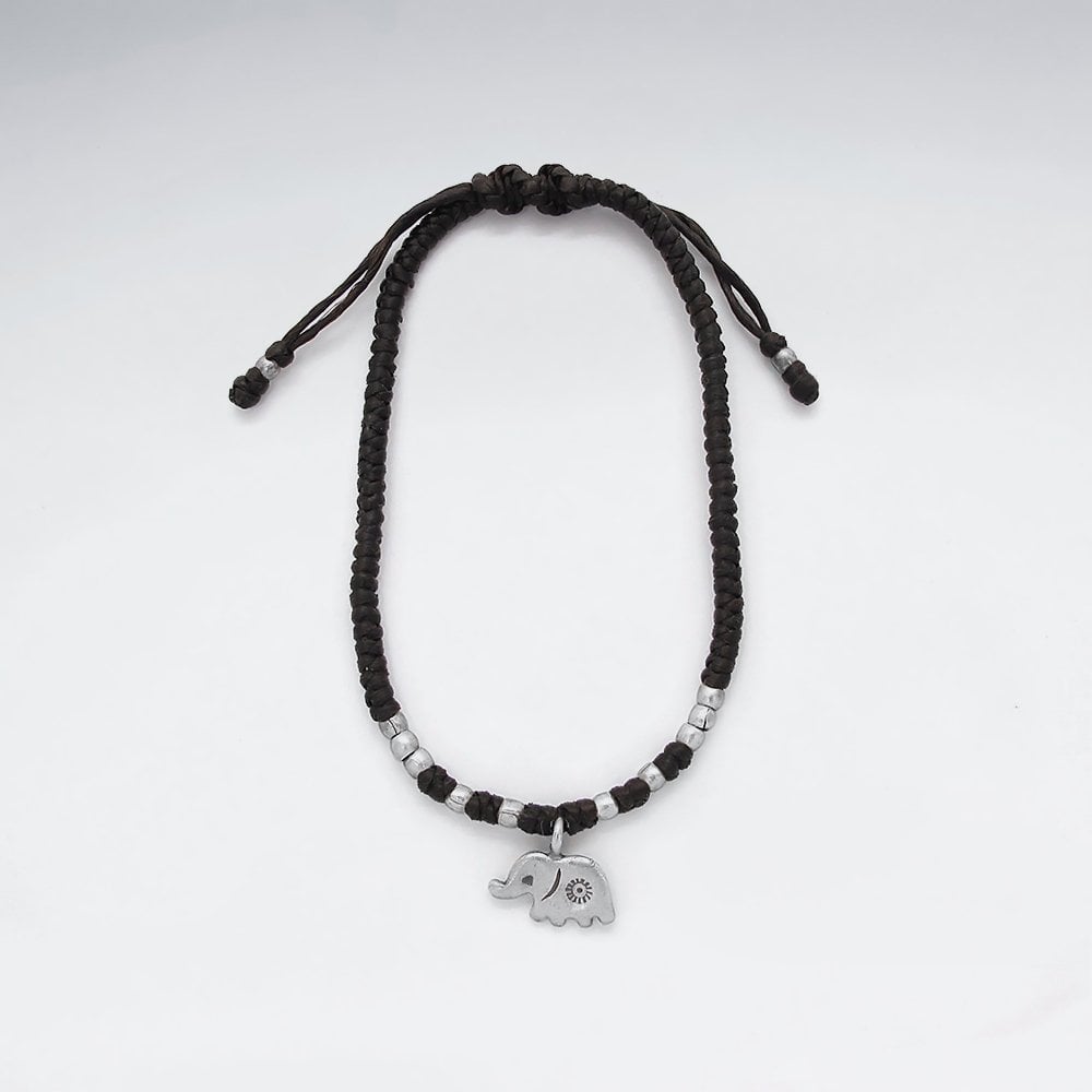 7"  Adjustable Black Macrame Waxed Cotton Bracelet With Antique Handmade Silver Elephant Charm
