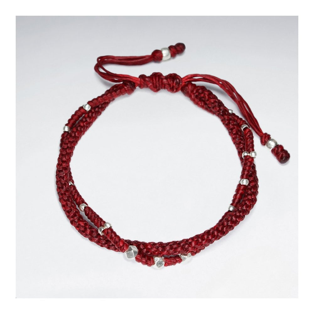 7"  Adjustable Multi Strands Red Macrame Waxed Cotton Bracelet With Antique Handmade Silver Beads