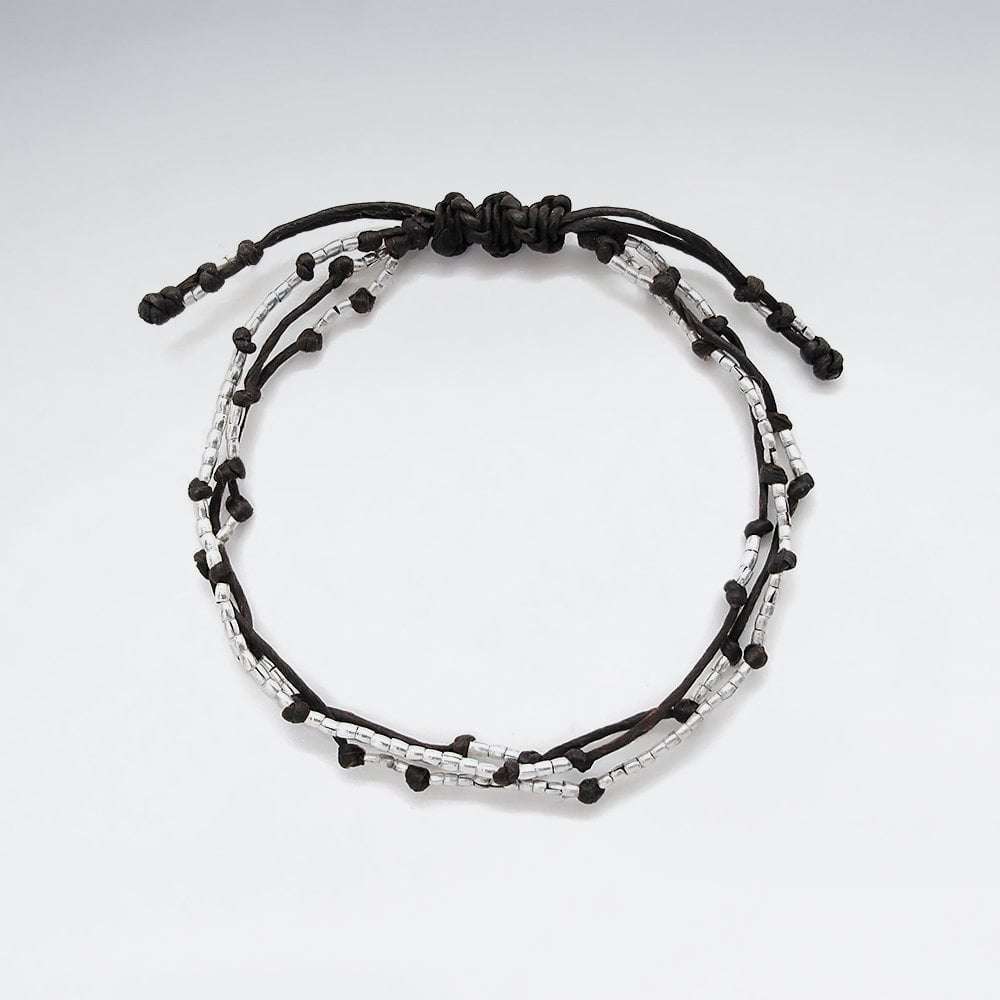 7" Adjustable Blue Macrame Waxed Cotton Bracelet With Antique Handmade SilverBeads