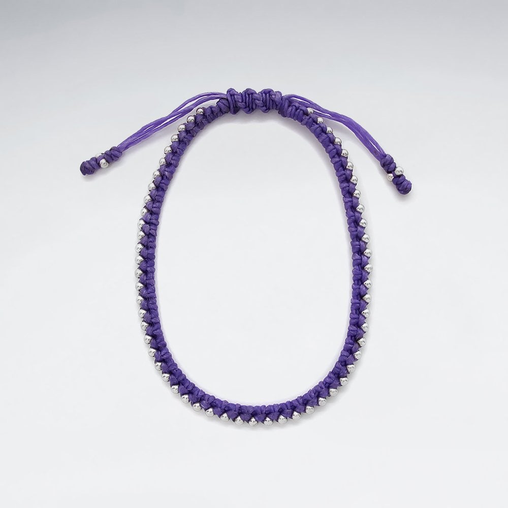 7" Adjustable Macrame Waxed Cotton Bracelet With Antique Handmade Silver Beads