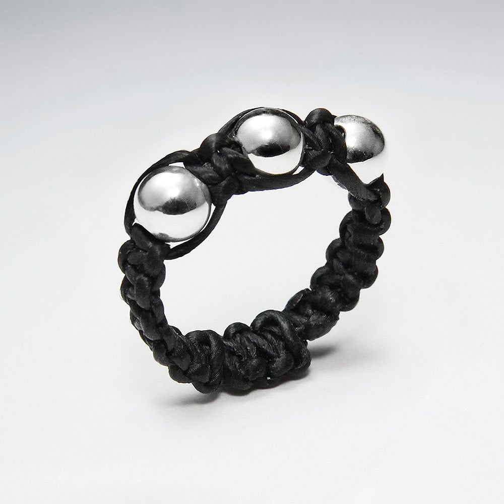 Waxed Cotton Triple Silver Ball Ring
