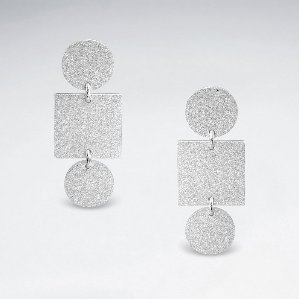 Sterling Silver Geometric Triple Drop Circle and Square Stud Earrings