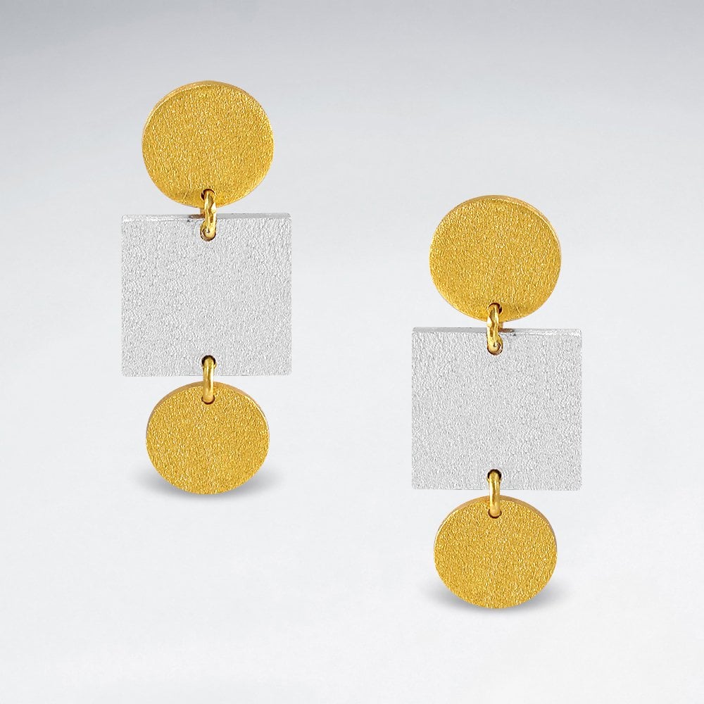 Sterling Silver Geometric Triple Drop Circle and Square Stud Earrings