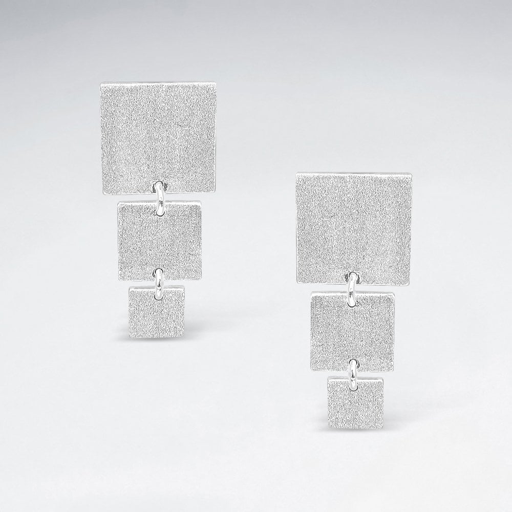 Sterling Silver Geometric Triple Drop Square Stud Earrings