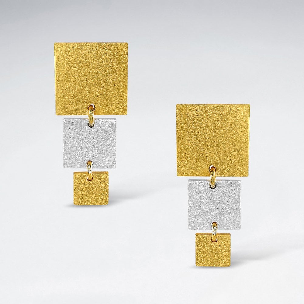 Sterling Silver Geometric Triple Drop Square Stud Earrings