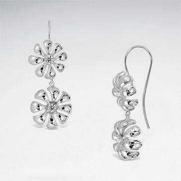 Sterling Silver CZ Double Flower Burst Hook Earrings