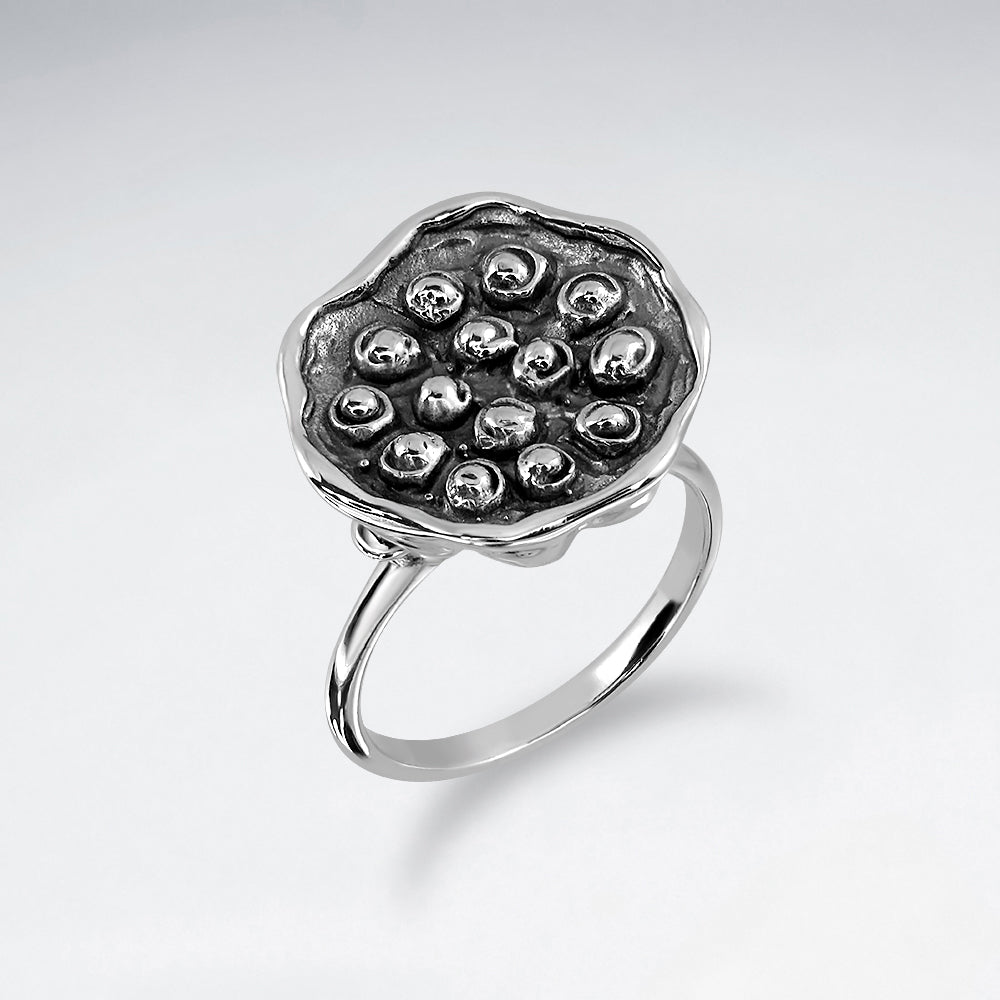 Oxidized Silver Textured Flat Top Floral Inspired Ring