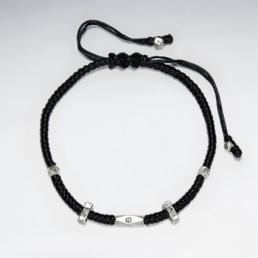 7" Adjustable Black Macrame Waxed Cotton Bracelet With Antique Hand Made Silver Nugget Beads