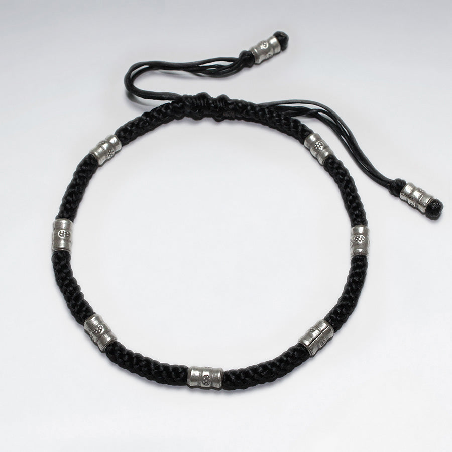 7" Adjustable Black Macrame Waxed Cotton Bracelet With Antique Handmade Silver Tube Beads