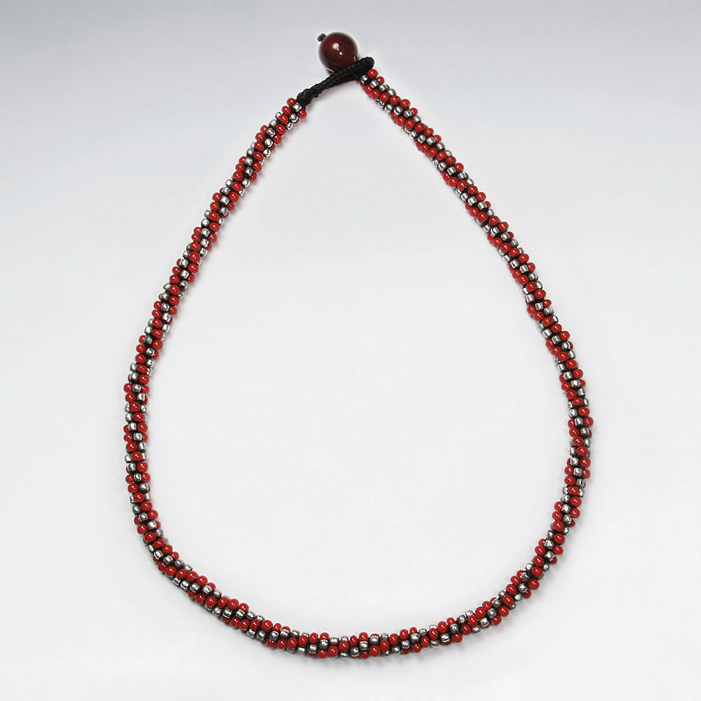 16.5" Waxed Cotton Macrame Silver and Glass Red Bead Wrap Necklace