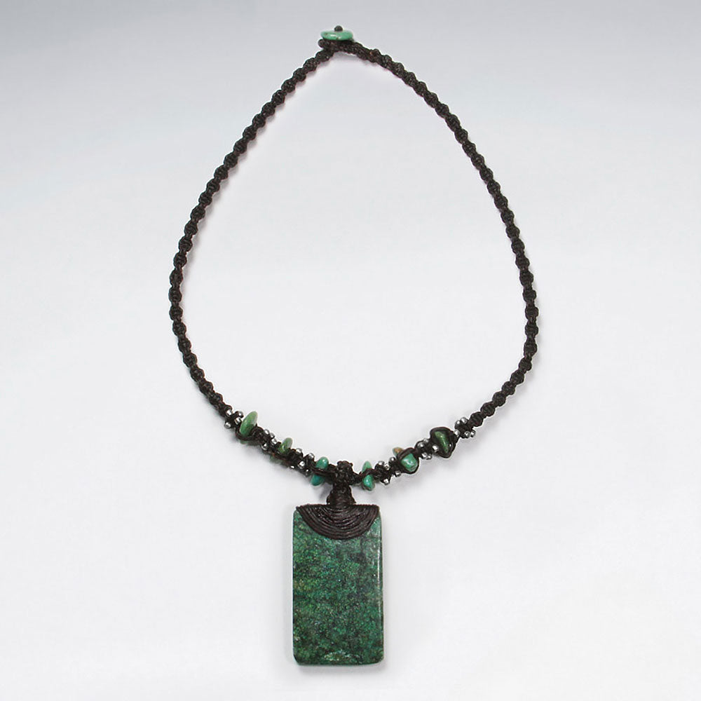 16.5" Waxed Cotton Twist Macrame Glass Beads Dark Green Rectangle Charm Necklace